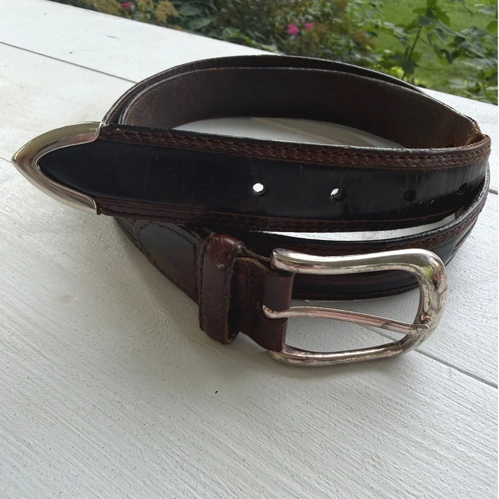 Vintage Top Grain Leather Belt 38 Brown Black Western Silver Tip